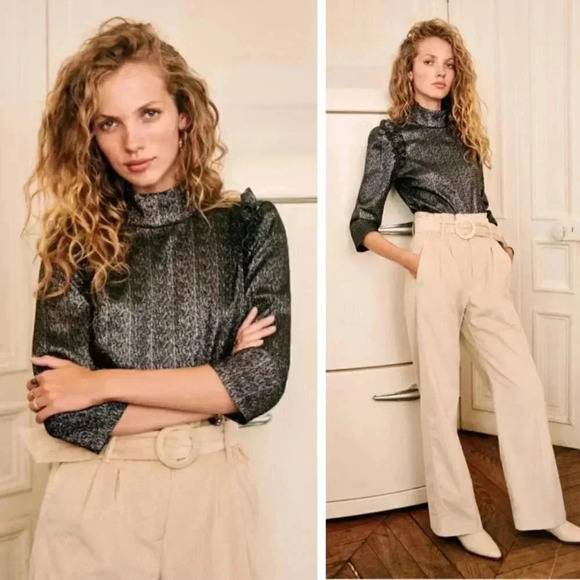 NWT Sezane Metallic Blouse Jackie Lurex Bleu - Picture 1 of 5
